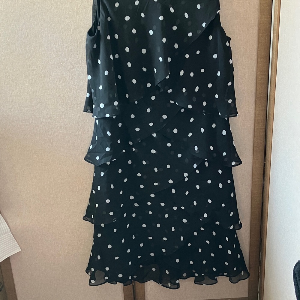 FINAL MARKDOWN SLNY Black and White multi tiered Asymmetrical Polka Dot Dress 8